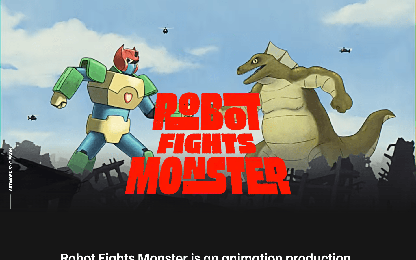 An abstract green robot and ochre monster colliding across offset animation frames.